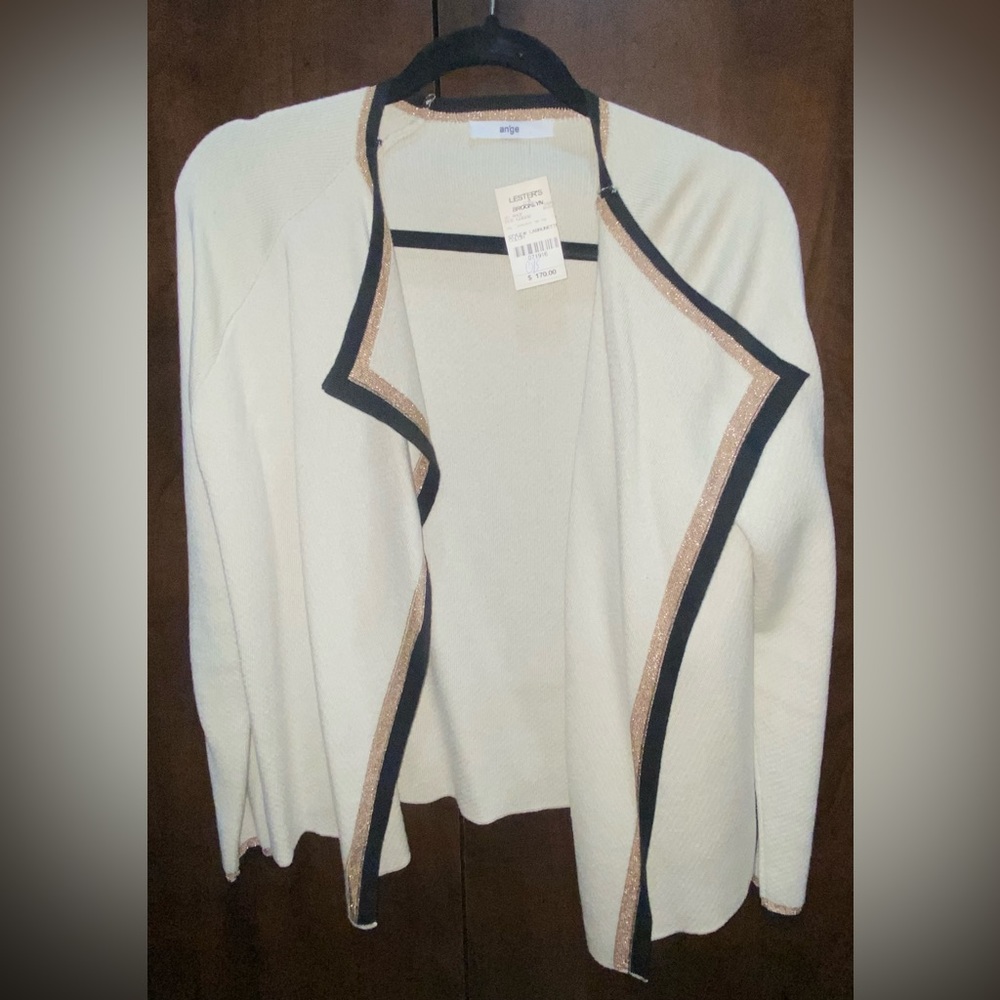 Ange Cream Cardigan with Black and Gold Trimming
